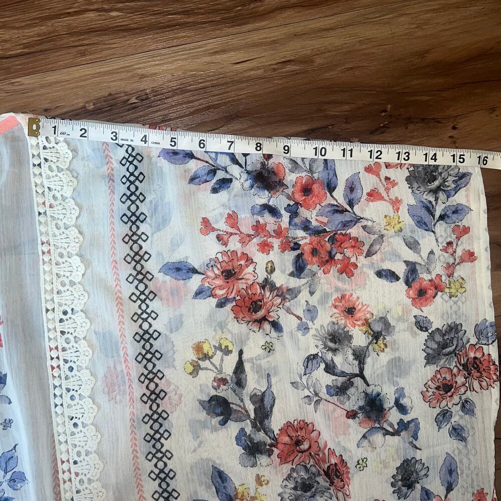 Maurices Crochet Trim Floral Kimono Ivory Coral Blue Sheer Lightweight Long S/M - Picture 8 of 9